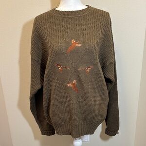 Pendleton Olive Green Waffle Knit Sweater with Rust Bird Motif